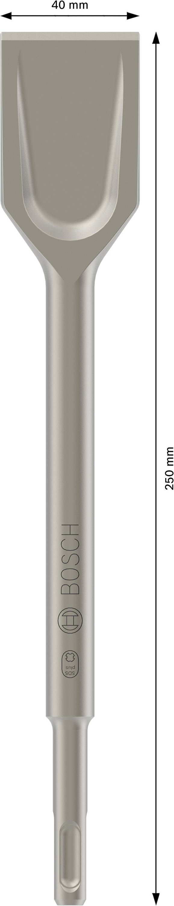 Burin à tige hexagonale, longueur 250 mm, largeur 20 mm, métallique, adapté aux marteaux perforateurs.