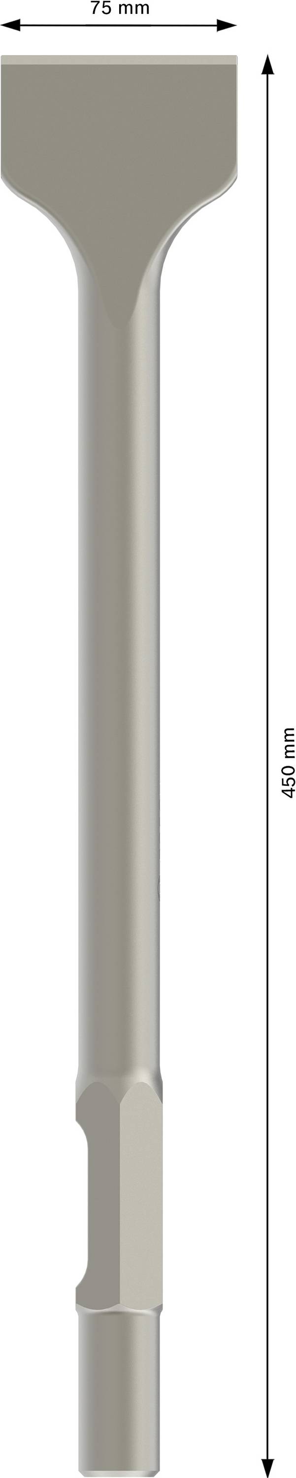 Ciseau en métal, longueur totale 400 mm, largeur de tête 75 mm, représentation de profil. Adapté pour les travaux de construction.