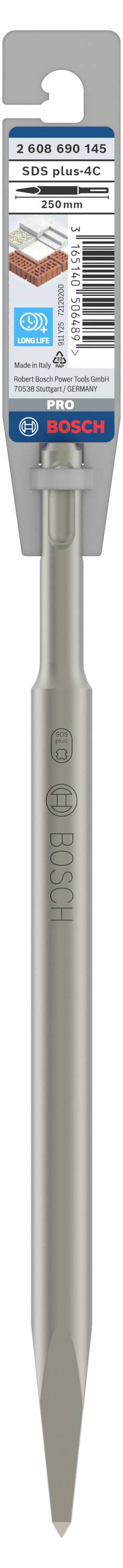 Un burin plat gris de Bosch avec tige hexagonale, adapté pour l'utilisation dans les marteaux perforateurs. L'emballage présente les détails du produit.