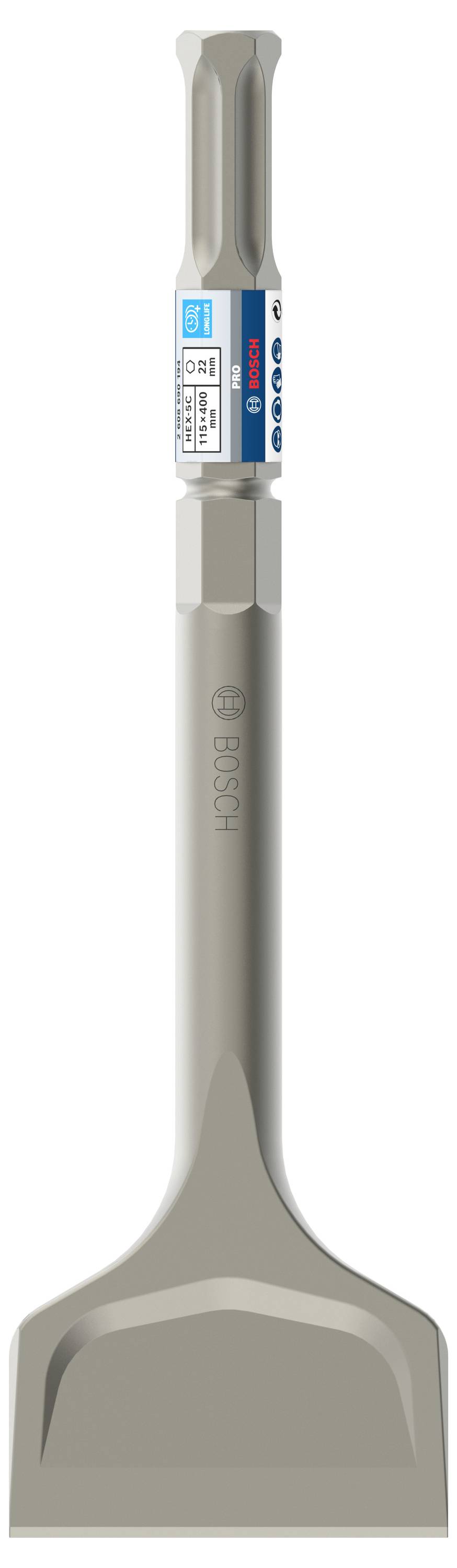 Un burin plat argenté avec manche octogonal et logo de l'entreprise. Adapté pour les travaux de démolition ou de burinage.