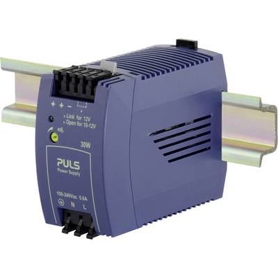 Un bloc d'alimentation bleu monté sur rail DIN, avec une puissance de sortie de 30W et des réglages de tension entre 100-240V AC, 0,6A.