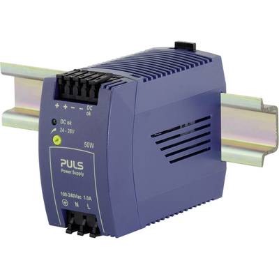 Bloc d'alimentation bleu monté sur rail DIN. Étiqueté 'DC OK' et '24-28V'. Adapté pour 100-240V en courant alternatif, puissance de 50W.
