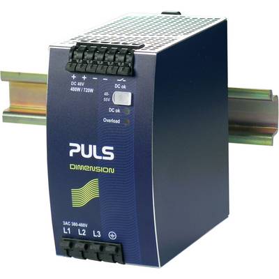 Bloc d'alimentation 'PULS Dimension' monté sur rail DIN, adapté pour 48 V CC, avec indicateurs d'état de fonctionnement et de surcharge.