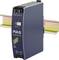Un module convertisseur DC/DC compact bleu de PULS, modèle 'CD5', avec une plage d'entrée de 24V et une sortie de 24-28V, monté sur un rail DIN.