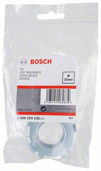 Emballage d'une pièce de rechange Bosch pour fraiseuses. Présente un anneau adaptateur argenté pour les modèles 900/900CE, 1200/1300CE, 2000CE.