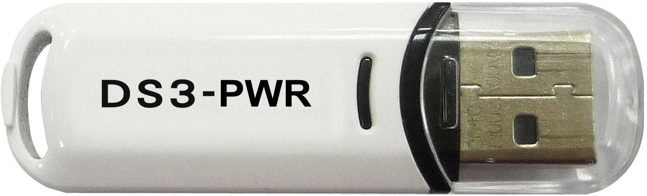 Clé USB portant l'inscription 'DS3-PWR', design classique avec capuchon transparent recouvrant la prise USB.