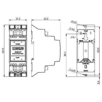 Dessin technique de dimensions d'un module disjoncteur, montrant les vues de face, de côté et de face avec les mesures en millimètres.