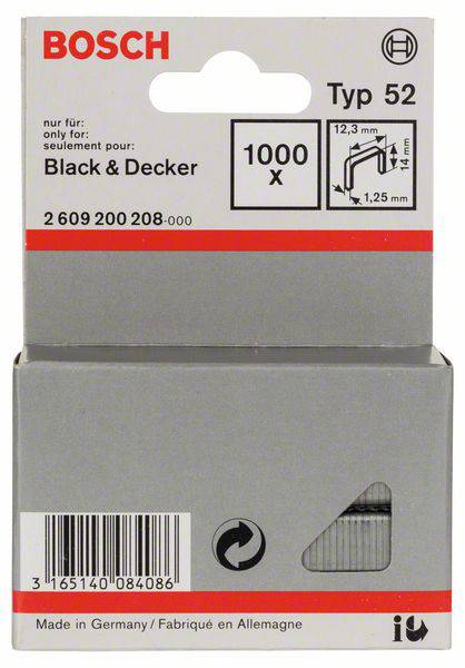Bosch agrafes type 52, compatibles avec Black & Decker. Conditionnement de 1000 agrafes, dimensions 12,3 mm de long, 1,25 mm de large.
