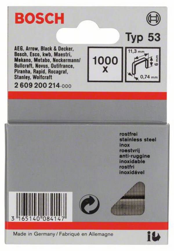 Agrafes à fil fin type 53, 11,4 x 0,74 x 6 mm, 1000 pièces, en acier inoxydable Bosch 2609200214