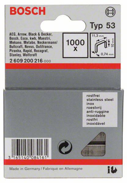 Agrafes à fil fin type 53, 11,4 x 0,74 x 10 mm, 1000 pièces, en acier inoxydable Bosch 2609200216-0