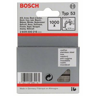 Agrafes à fil fin type 53, 11,4 x 0,74 x 10 mm, 1000 pièces, en acier inoxydable Bosch 2609200216-0
