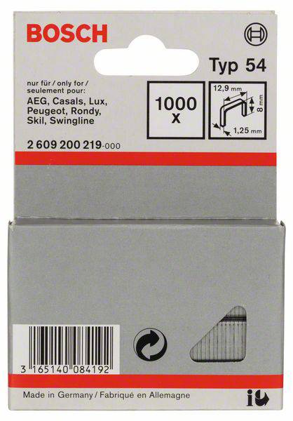 Bosch agrafes type 54, lot de 1000 pièces. Compatible avec AEG, Casals, Lux, Peugeot, Rondy, Skil, Swingline. Fabriqué en Allemagne.