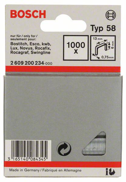 Bosch Agrafes Type 58, lot de 1000 pièces, compatibles avec Bostitch, Esco et autres. Épaisseur : 0,75 mm, hauteur de jambe : 13 mm. Fabriqué en Allemagne.