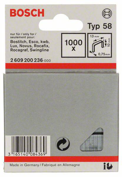 Boîte de 1000 agrafes type 58, compatibles avec Bostitch, Esco, Lux, Novus. Épaisseur de fil 0,75 mm, fabriquées en Allemagne.