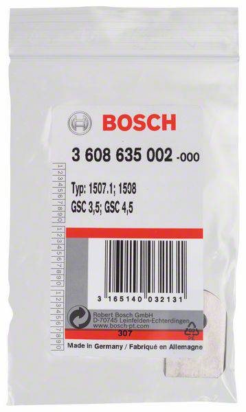 Sac en plastique avec étiquette Bosch ; contient une petite lame métallique. Texte : « 3 608 635 002 », numéros de série et Made in Germany.