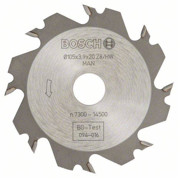 Lame de scie circulaire BOSCH, diamètre 105 mm, denture Z8. Adaptée aux travaux sur bois, plage de vitesse de rotation 7300-14500 tr/min.