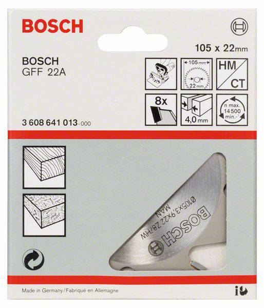 Emballage d'un outil Bosch. Contient une défonceuse GFF 22A avec des dimensions de 105 x 22 mm, adaptée pour HM CT, 8 pièces, largeur de coupe de 4,0 mm.