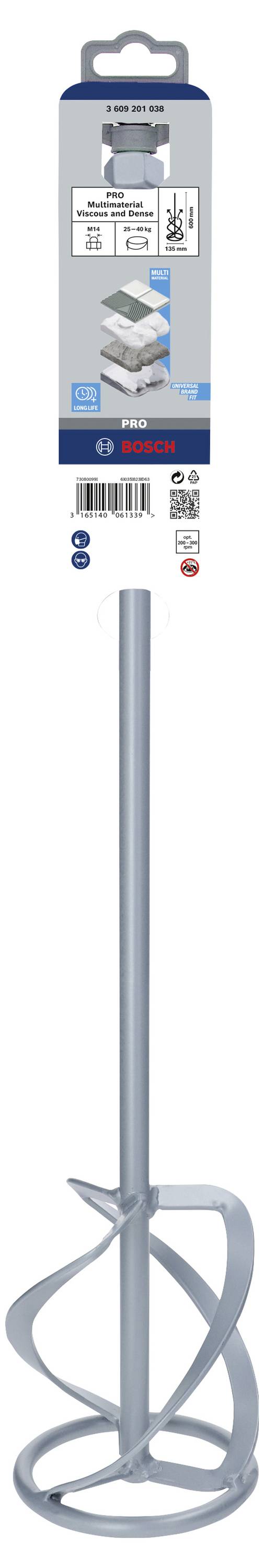 Un agitateur en argent, adapté pour la colle, le mastic, la colle à carrelage et le mortier, portant une étiquette avec des détails techniques.