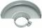 Protection d'une meuleuse d'angle couleur argent avec un design rond semi-circulaire et une pince à vis pour la fixation sur un outil.