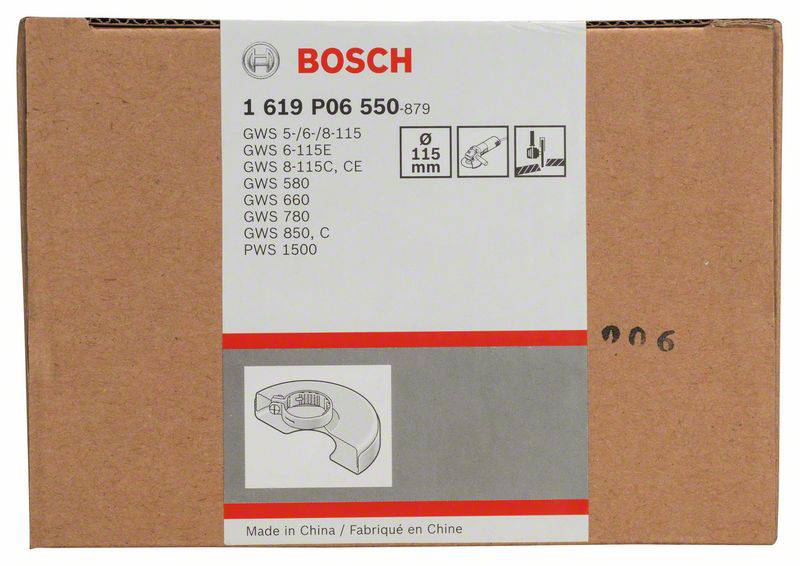 Carton avec le logo Bosch et les détails du produit. Montre un disque à tronçonner de 115 mm de diamètre, compatible avec divers modèles. Fabriqué en Chine.