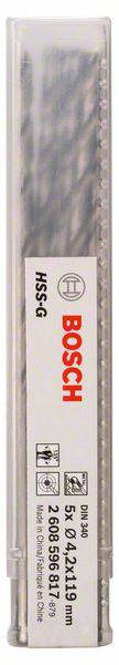 Coffret de 5 forets HSS-G Bosch, taille 5x 0,24x19 mm, adaptés pour l'acier, le métal et le fer, dans un boîtier en plastique.