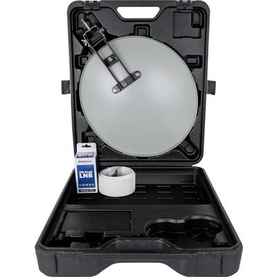 Antenne satellite portable dans un étui noir, livrée avec un câble coaxial et un LNB, utilisée pour recevoir des signaux satellitaires en déplacement.