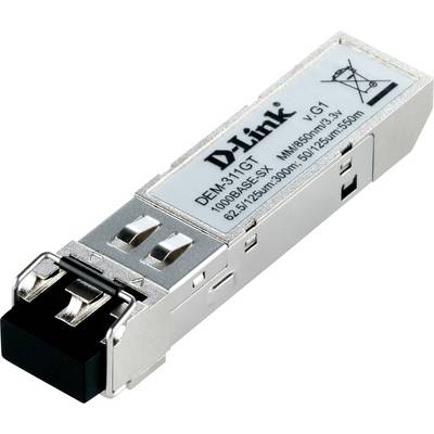 Module de transcepteur optique D-Link SFP sur fond blanc, présenté en vue d'angle avec extrémité de connecteur noire et corps argenté.