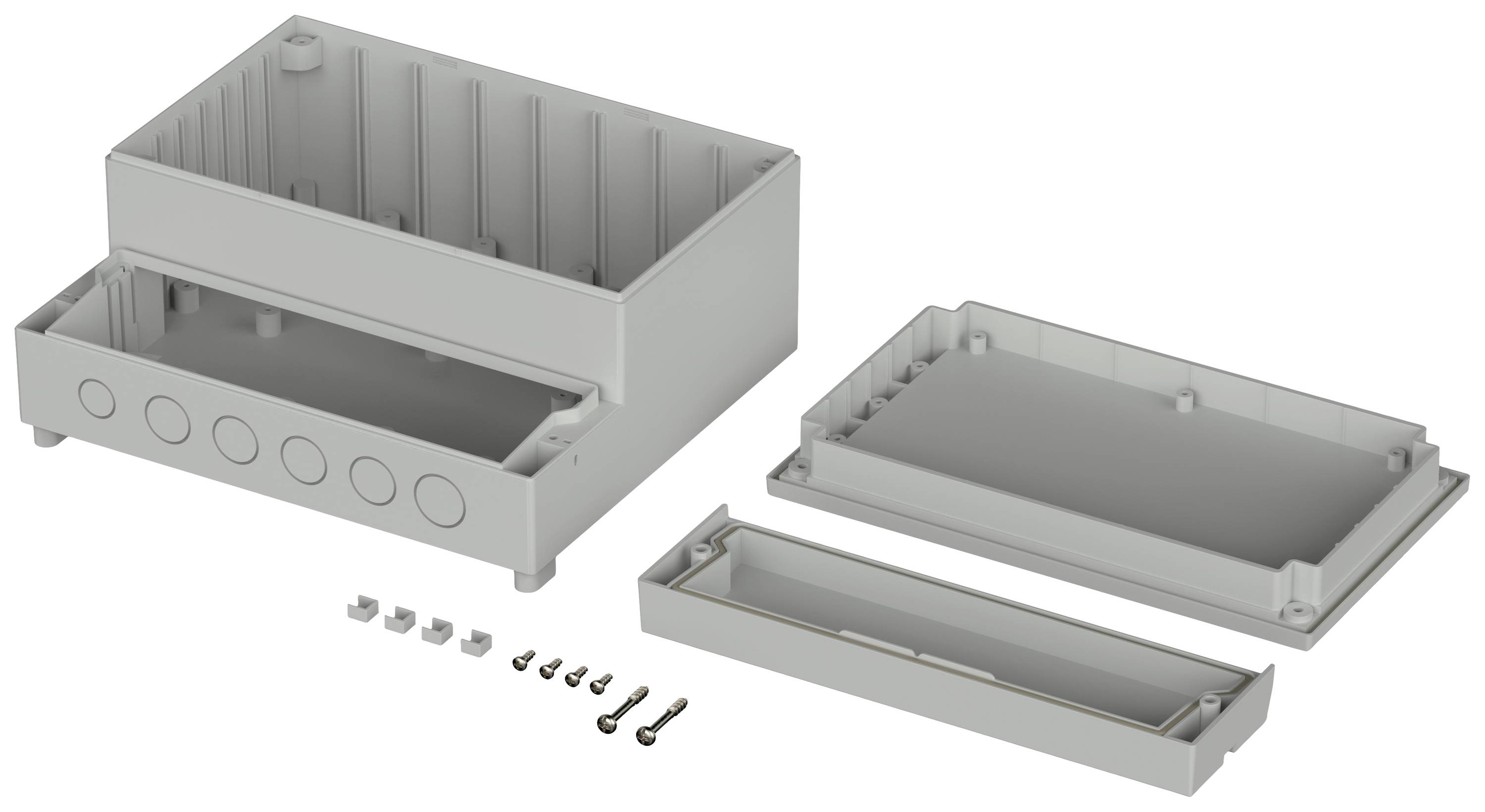 Un boîtier rectangulaire en plastique gris avec des parties supérieure et inférieure amovibles, présenté dans un état démonté, avec des vis et des attaches.