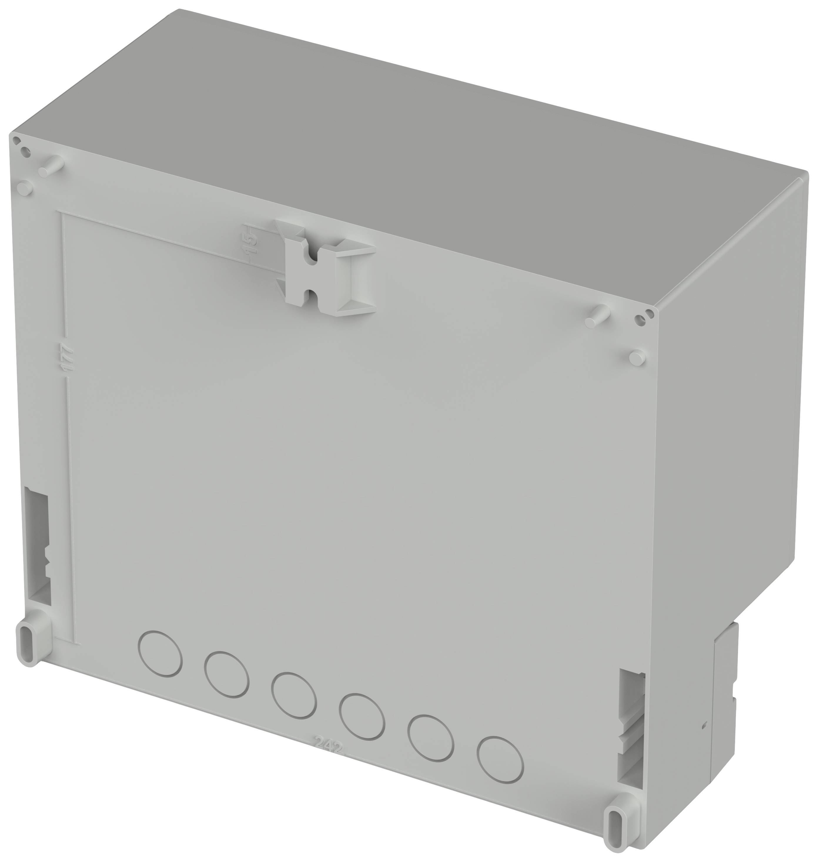 Un boîtier gris rectangulaire avec plusieurs découpes rondes en bas, appareil technique possible ou boîte électrique.