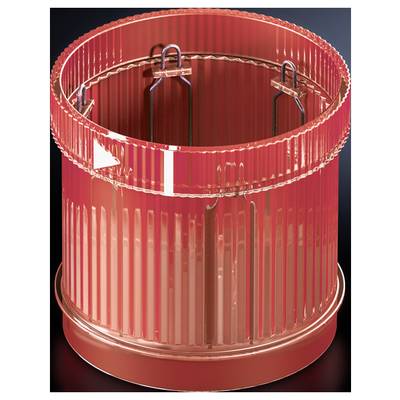 Abat-jour cylindrique en plastique strié et rouge, posé sur un fond sombre. Transparent avec des attaches métalliques.