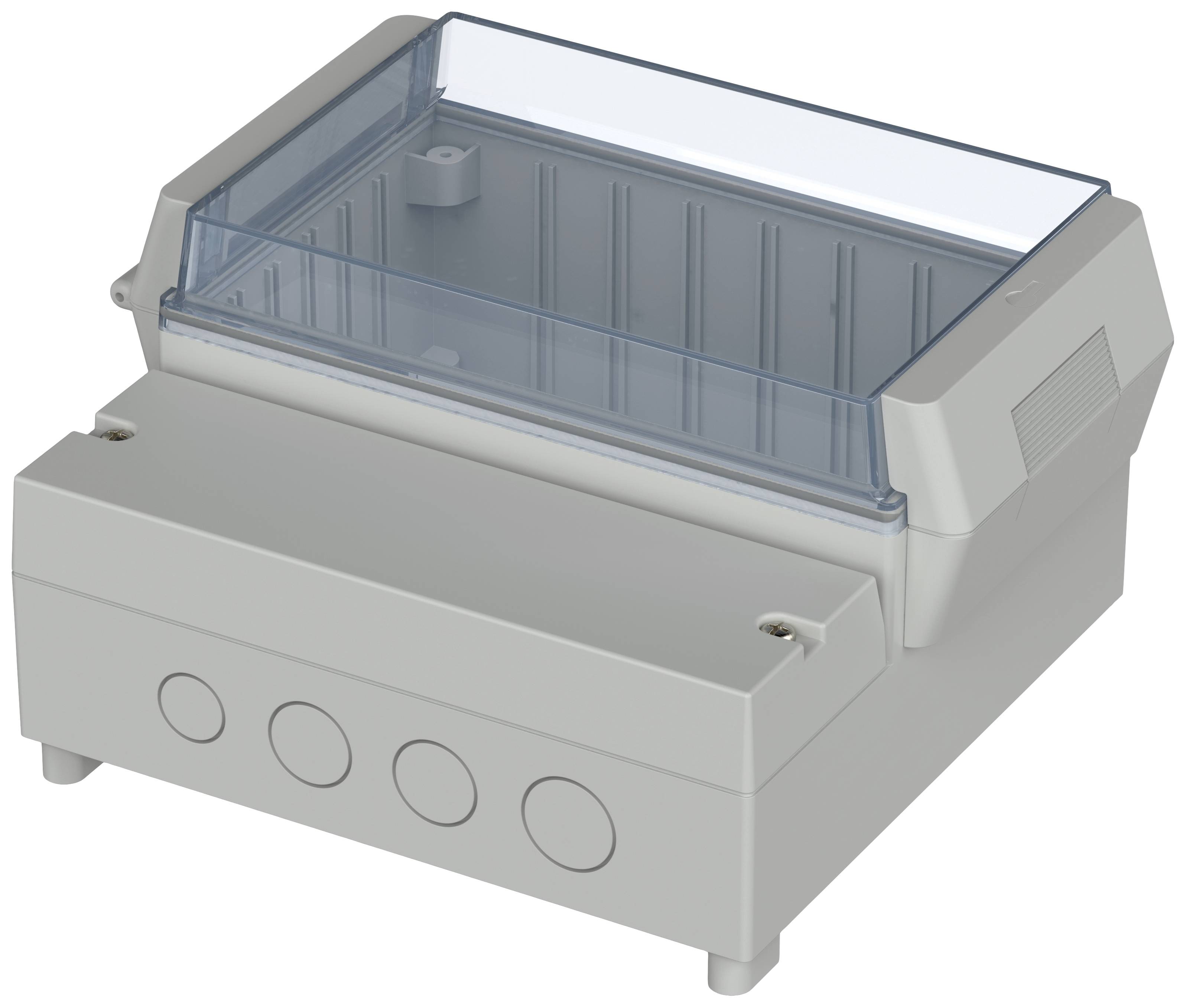 Boîtier électrique gris avec couvercle transparent en plastique, adapté aux boîtes de raccordement, présentant quatre ouvertures pour le passage des câbles.