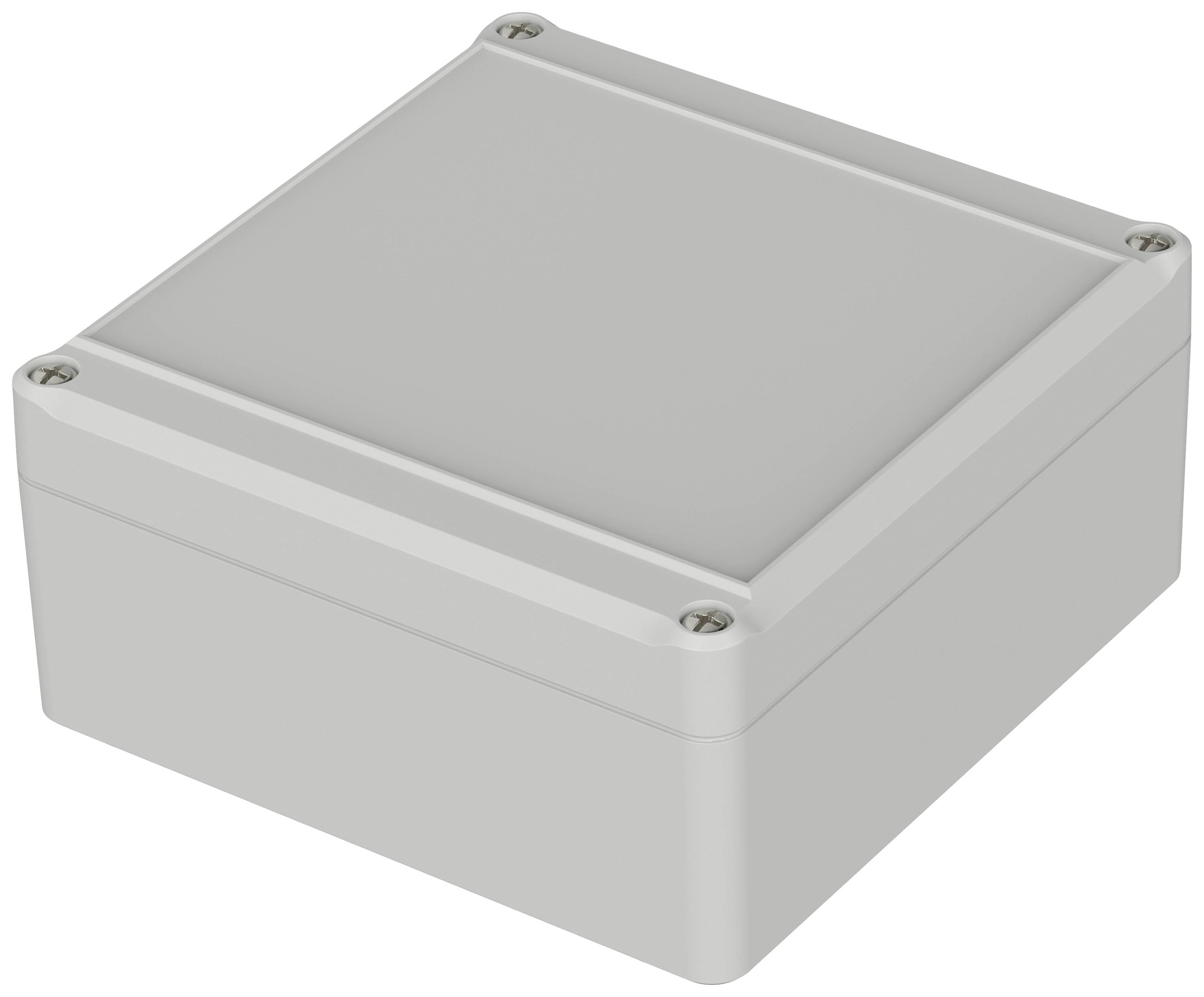 Boîtier rectangulaire gris avec des vis aux coins, adapté pour les composants électroniques.