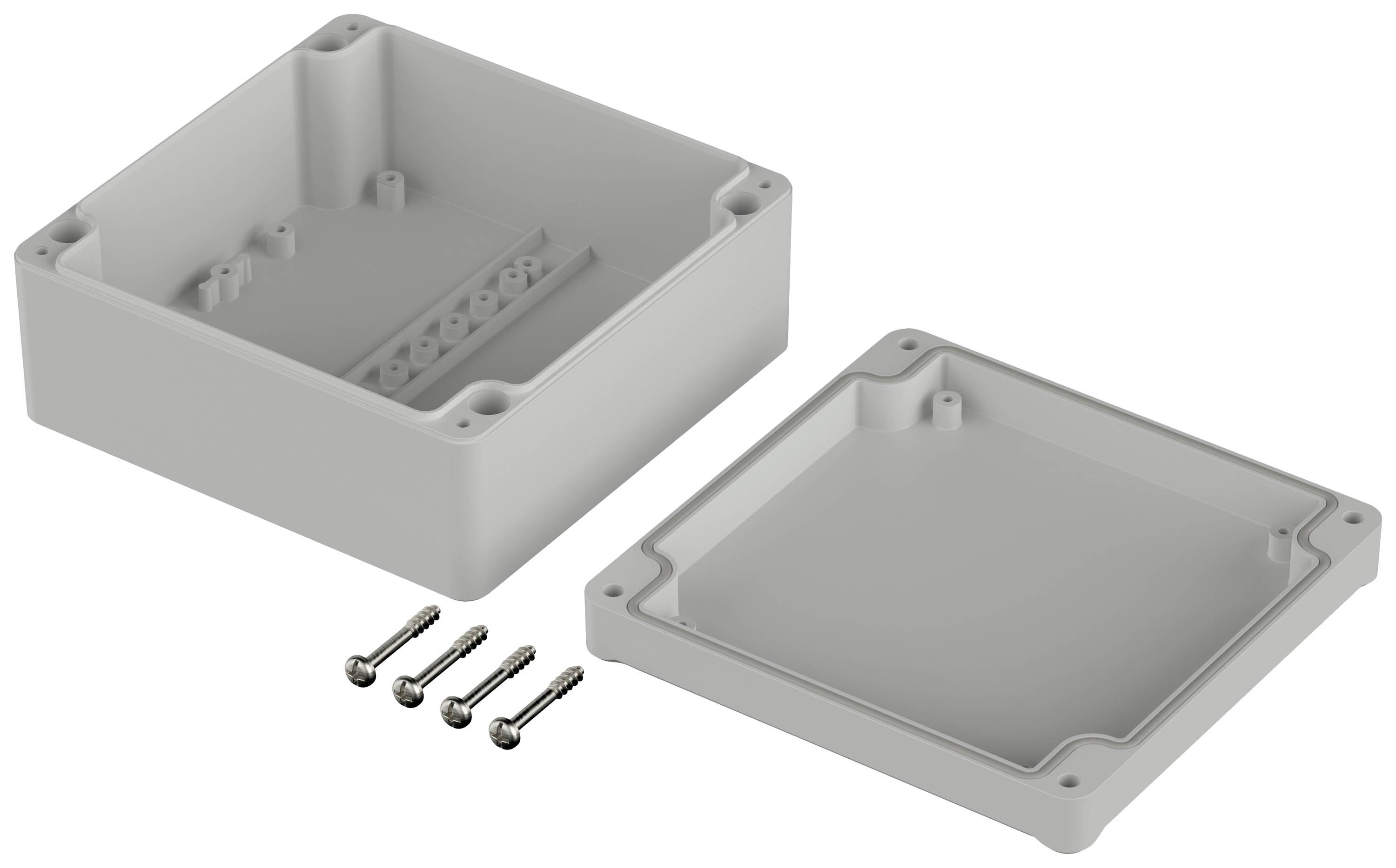 Un boîtier rectangulaire gris en plastique, composé de deux parties : une partie inférieure et un couvercle. Quatre vis sont disposées à côté.