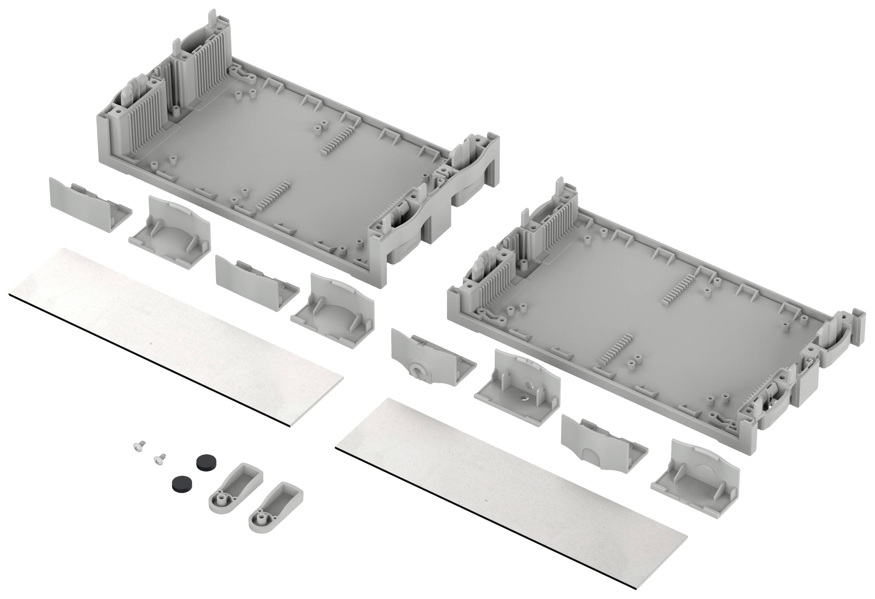 'Kit de boîtier avec différents composants : deux grandes plaques, petites pièces et deux bandes rectangulaires. Assemblable en une boîte.'