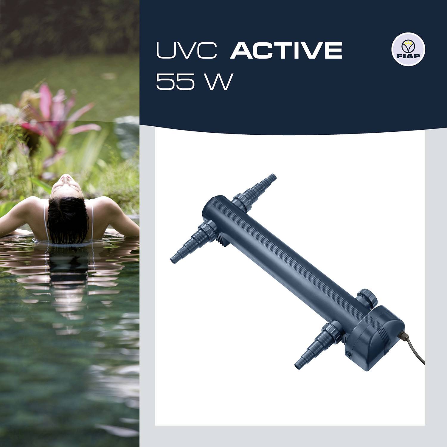 Épurateur d'eau 'FIBAP UVC Active 55 W', illustré dans un environnement d'étang à gauche et présentation du produit à droite.