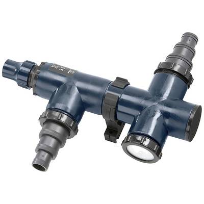 Un distributeur d'eau bleu avec plusieurs raccords, adapté aux tuyaux d'arrosage et aux systèmes d'irrigation.
