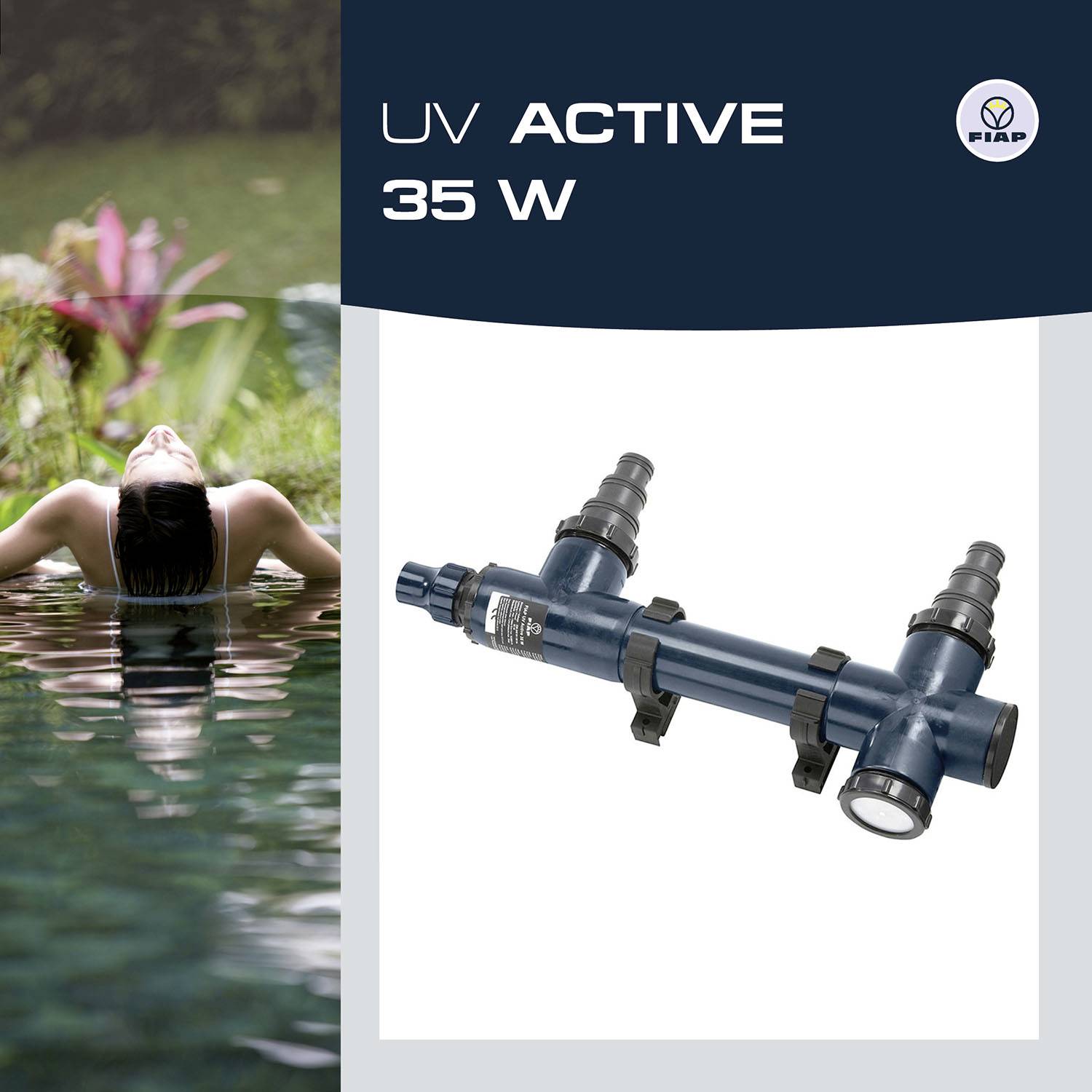 'UV Active 35 W' est présenté sur une image de produit avec un appareil UV bleu et une personne près de l'eau.
