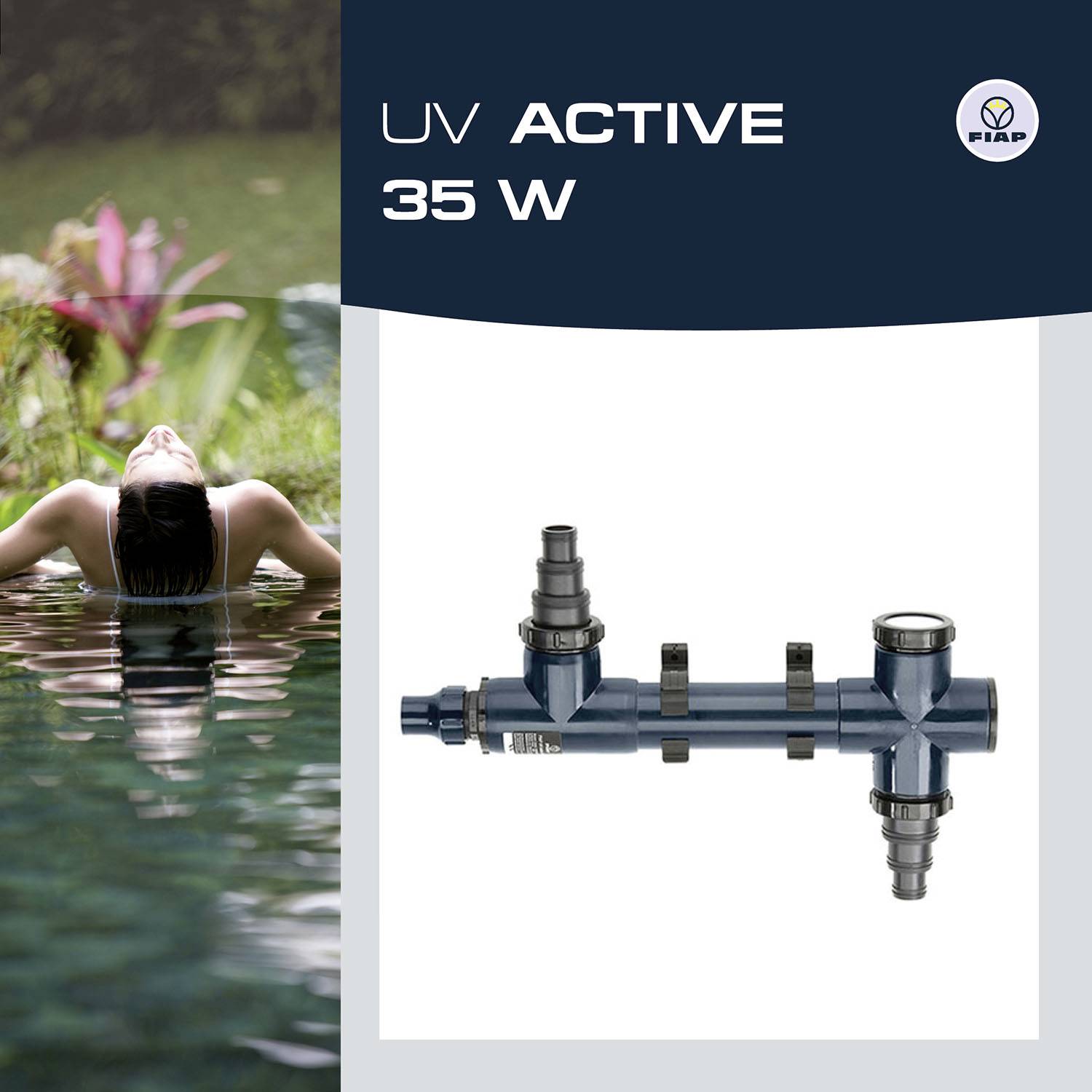 Appareil de purification d'eau 'UV Active 35 W' à côté de l'image d'une personne relaxée dans l'eau. Idéal pour le traitement de l'eau.