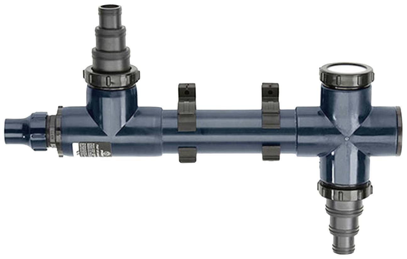 Un té bleu en plastique avec trois extrémités de raccordement et deux colliers de fixation, destiné à être utilisé dans des systèmes de tuyauterie.