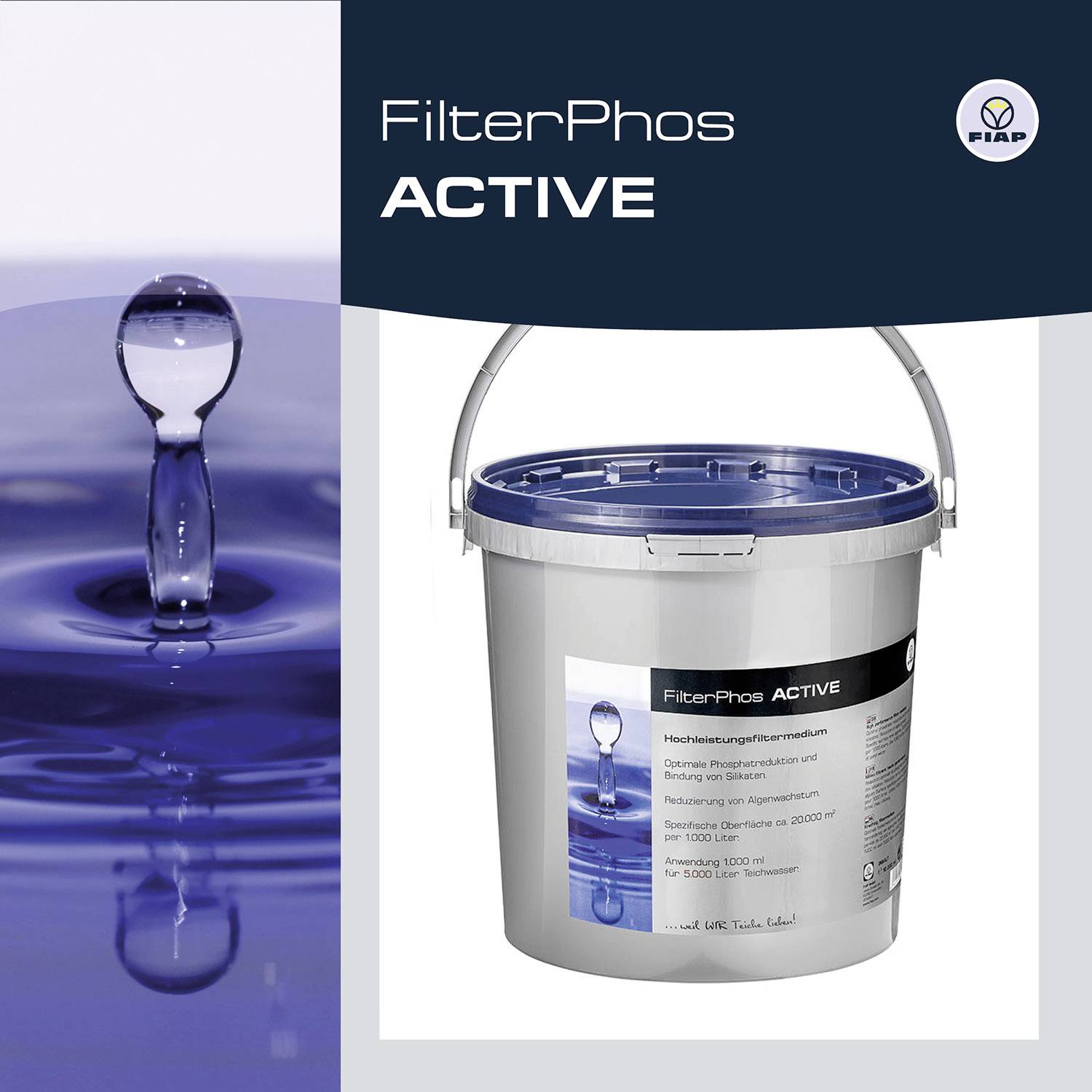 Un seau de FIAP contenant 'FilterPhos ACTIVE'. L'inscription décrit : Liant de phosphate haute performance, eau plus claire, contenance 3 kg.