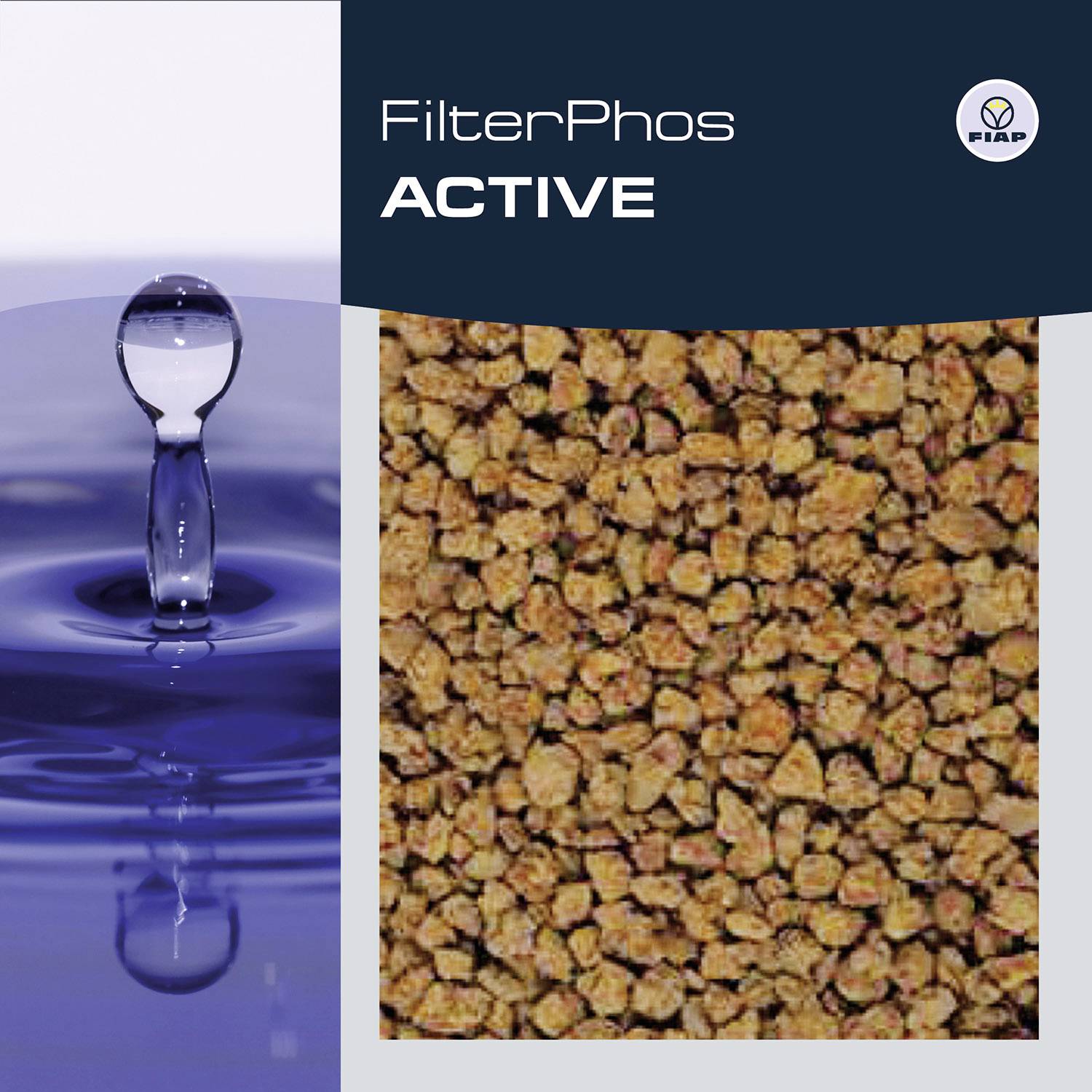 L'emballage de 'FilterPhos ACTIVE' présente un gros plan d'une collision de gouttes d'eau. Des pastilles du produit sont visibles à droite.