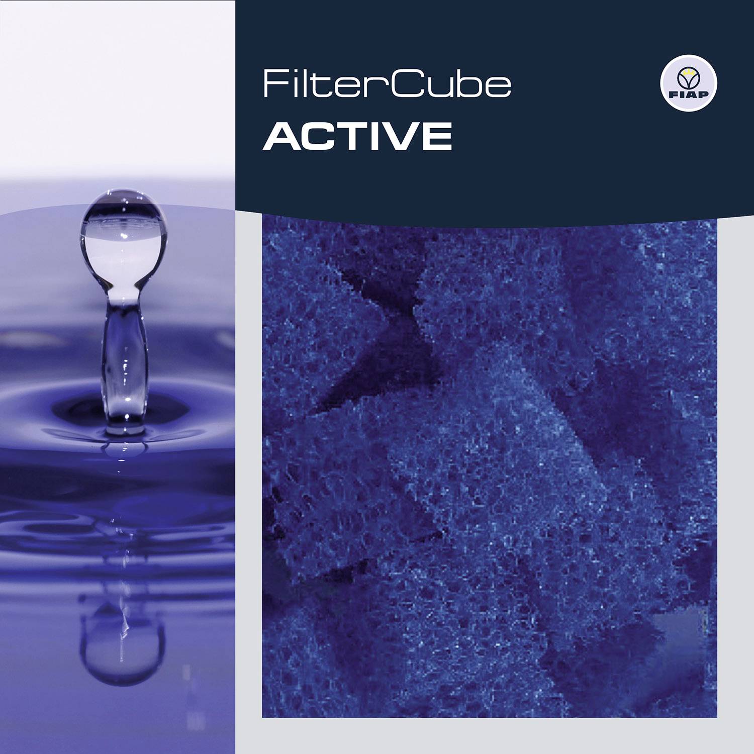 Publicité 'FilterCube ACTIVE', montrant à gauche une goutte d'eau bleue et à droite une structure de filtres bleus sous l'eau.