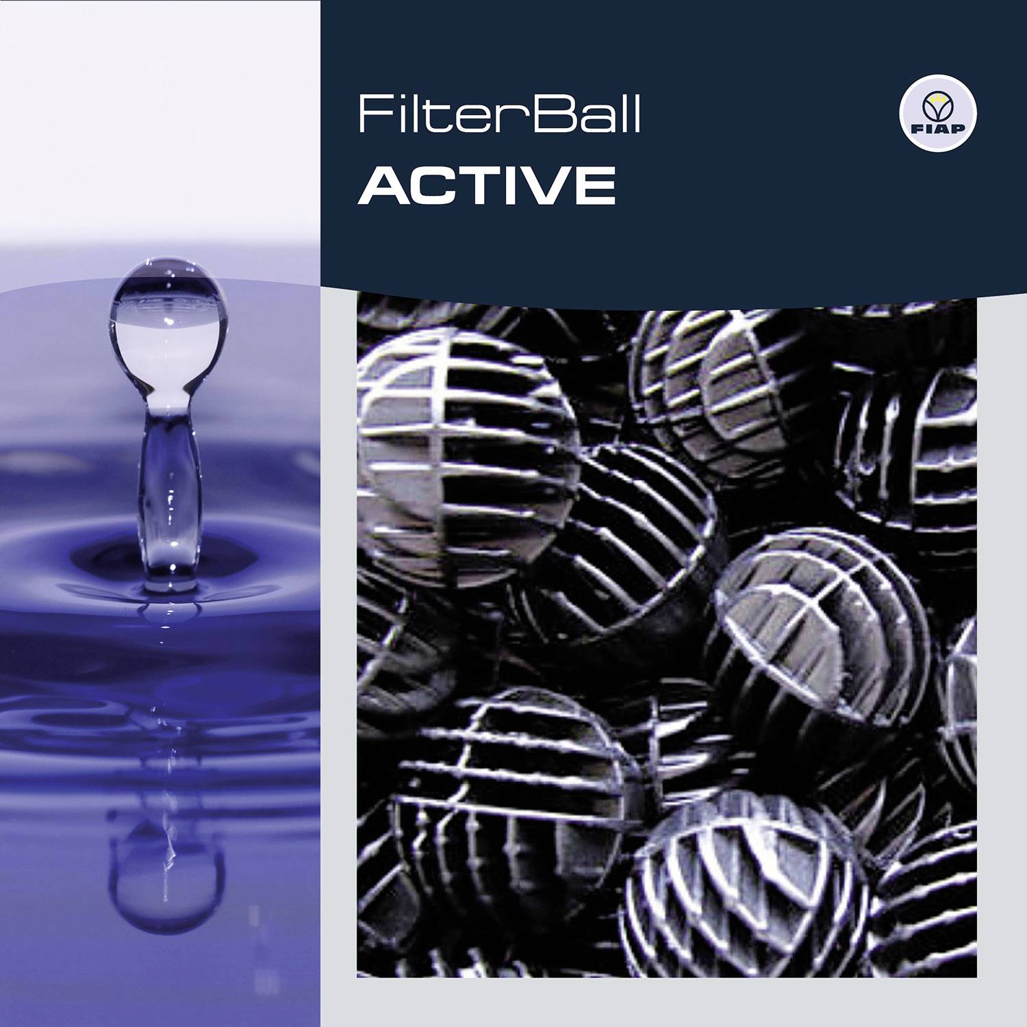 'FilterBall ACTIVE' avec représentation graphique de boules de flocons et eau, logo de marque en haut à droite. Utilisation principale : technologie de purification de l'eau.