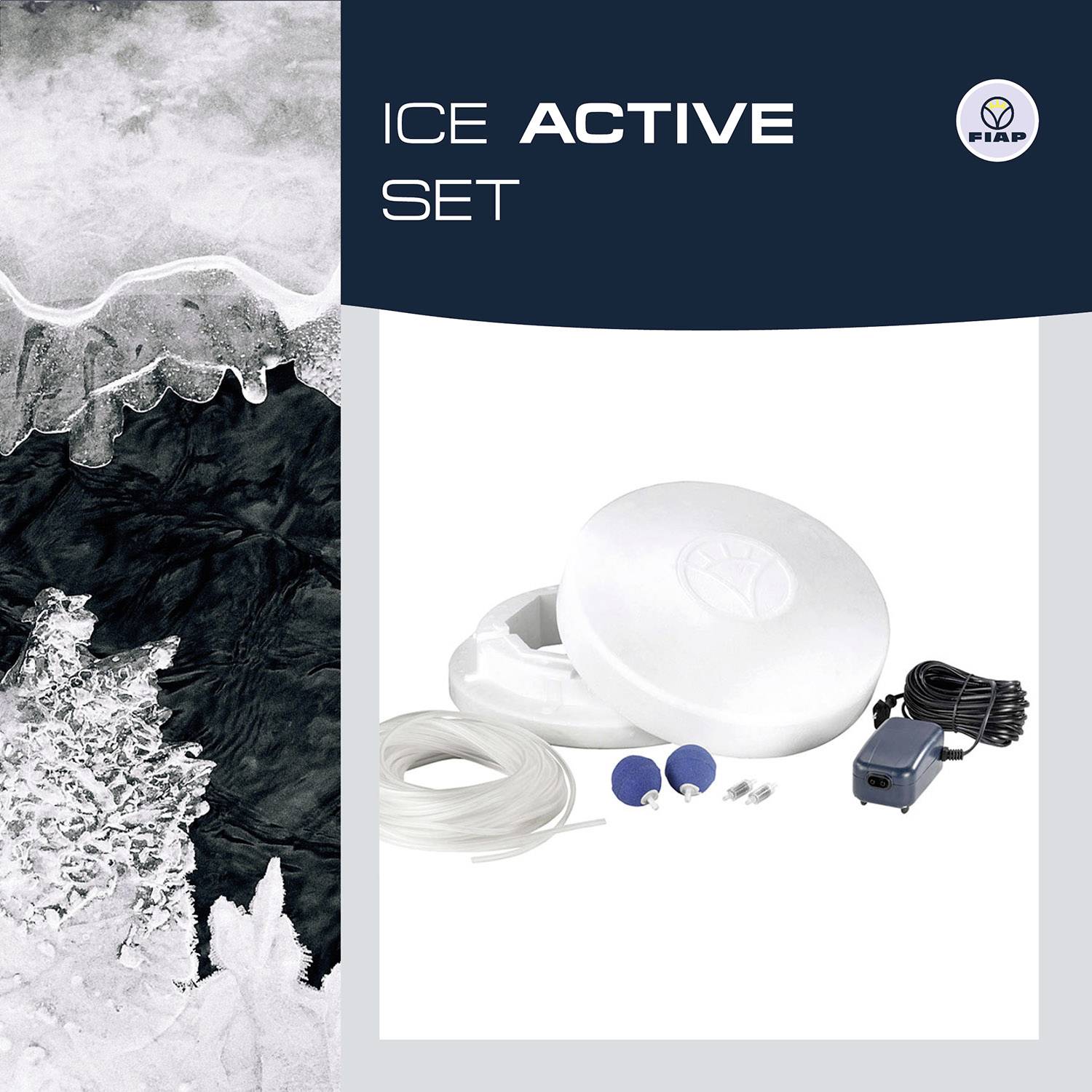 Paysage glaciaire à gauche, présentation de produit à droite avec pompe, tuyaux et accessoires, texte 'ICE ACTIVE SET'.