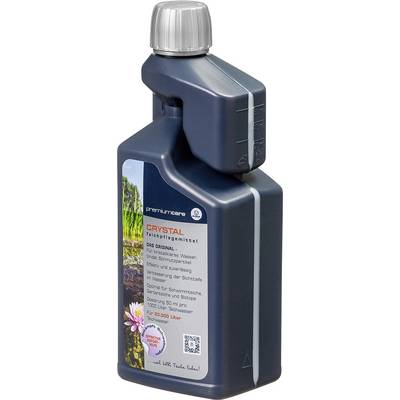 Bouteille en plastique bleu de traitement pour bassin Crystal 'Teichmittel' avec bouchon gris nervuré et étiquette de produit.
