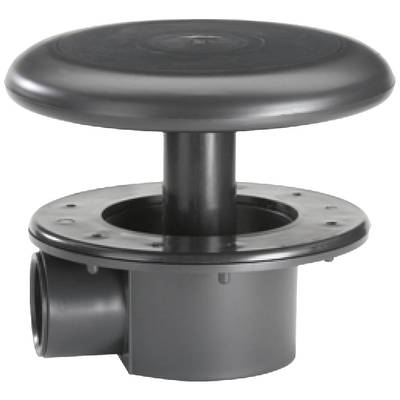 Un champignon de ventilation rond, noir, en plastique, typique pour les évacuations de toiture, avec un raccordement latéral de tuyau.