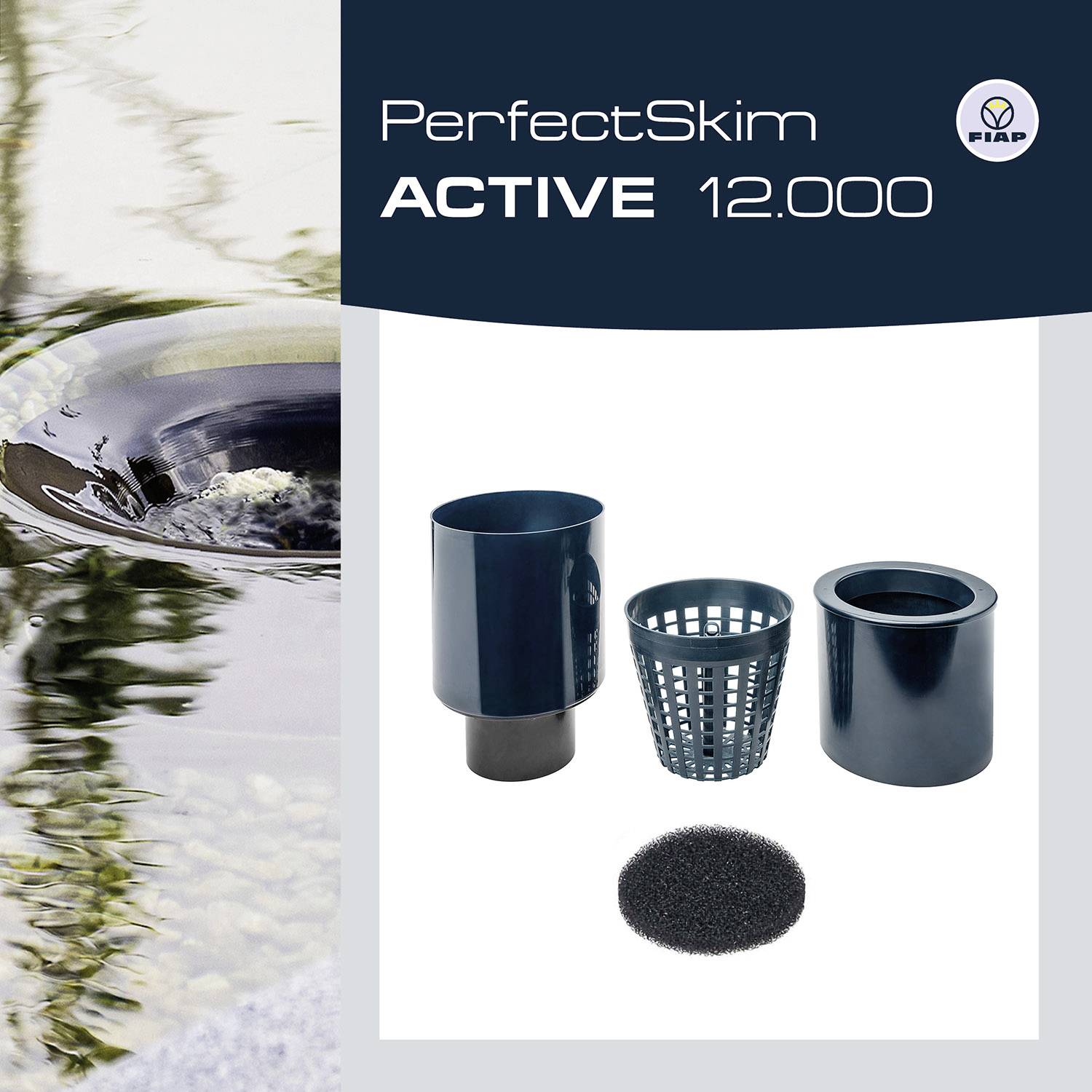 'PerfectSkim ACTIVE 12.000' Kit de skimmer pour bassin comprenant différents composants, dont un grand panier filtrant et une éponge.