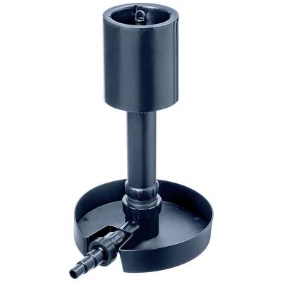 Une pompe à eau noire à boîtier cylindrique et raccord de tuyau. Elle repose sur un socle rond.