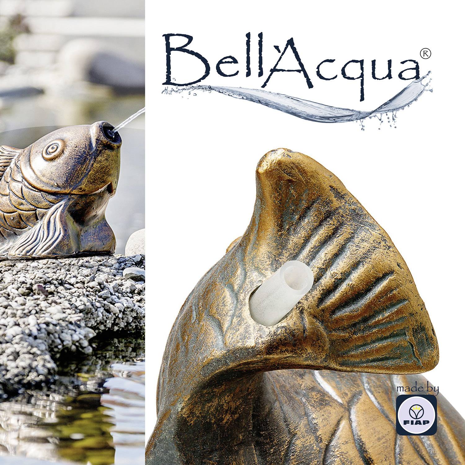 'BellAcqua' lettrage en haut à gauche avec l'image d'une fontaine à poissons sur un fond pierreux. Logo en bas à droite.