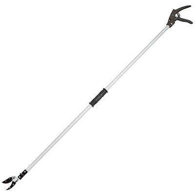 Un sécateur à long manche avec une poignée argentée et des lames de coupe noires, adapté pour l'élagage des branches hautes.